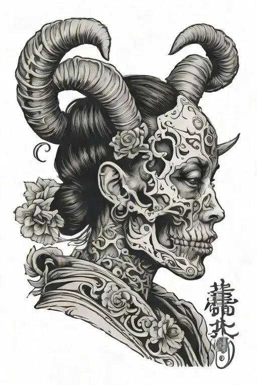 woman with goat skull side view camera tattoo design idea