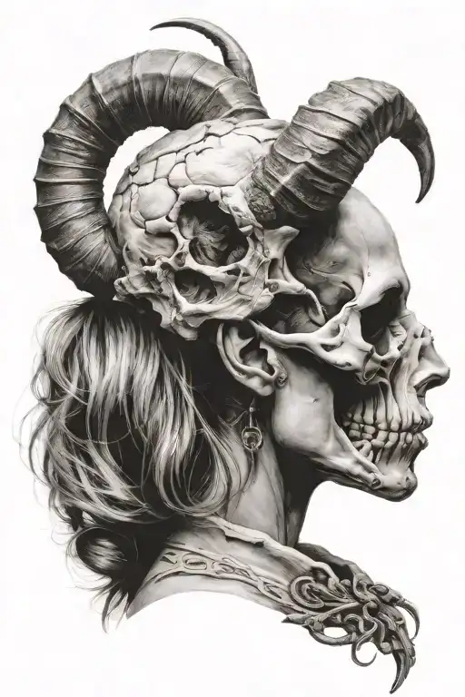 woman with goat skull side view tattoo design idea