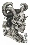 woman with goat skull side view camera tattoo design idea