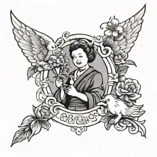 Grandma, mahjong, and cherubs holding flowers tattoo design idea
