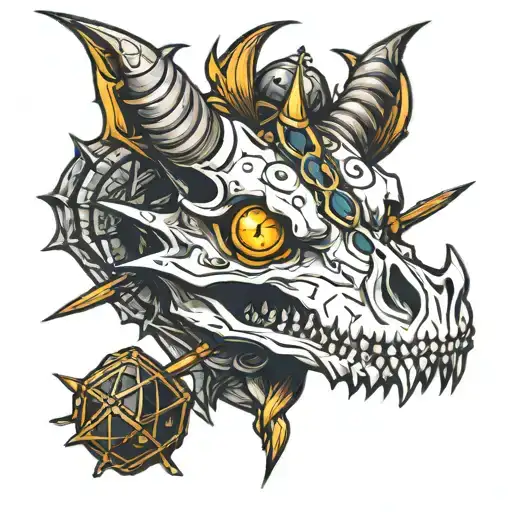 Dragon skull with d20 in the eyes and a broom around it  tattoo design idea