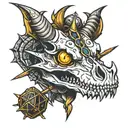 Dragon skull with d20 in the eyes and a broom around it  tattoo design idea
