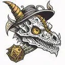 Dragon skull with d20 in the eyes and a broom around it  tattoo design idea