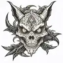 Dragon skull with d20 in the eyes and a broom around it  tattoo design idea