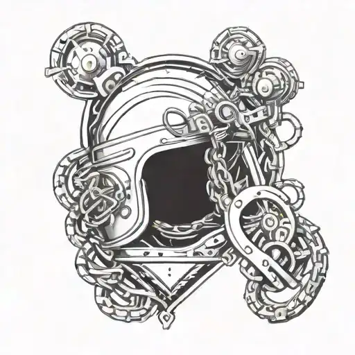 motor chain in shape of heart and helmet with name Zashev tattoo design idea