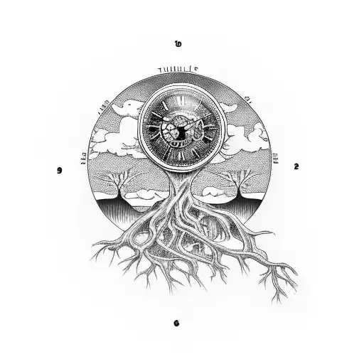 Tree of life with a clock embedded into its roots showing the time twenty two minutes past six a.m. tattoo design idea