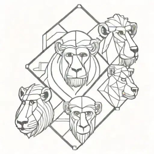 A geometric design incorporating the faces of a gelada baboon, proboscis monkey, mandrill, spider monkey, and pig-tailed macaque tattoo design idea