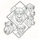 A geometric design incorporating the faces of a gelada baboon, proboscis monkey, mandrill, spider monkey, and pig-tailed macaque tattoo design idea