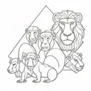 A geometric design incorporating the faces of a gelada baboon, proboscis monkey, mandrill, spider monkey, and pig-tailed macaque tattoo design idea