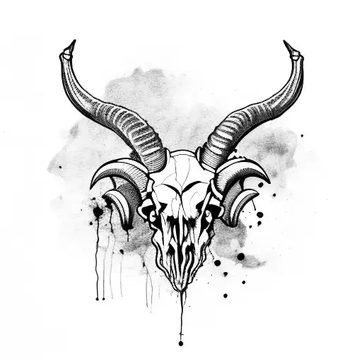 Ram skull with olive leaves and zombie-like cloth on the horns tattoo design idea