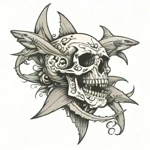 skull and sharks tattoo design idea