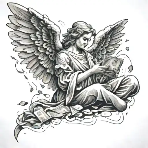 Angel with a money raining tattoo design idea