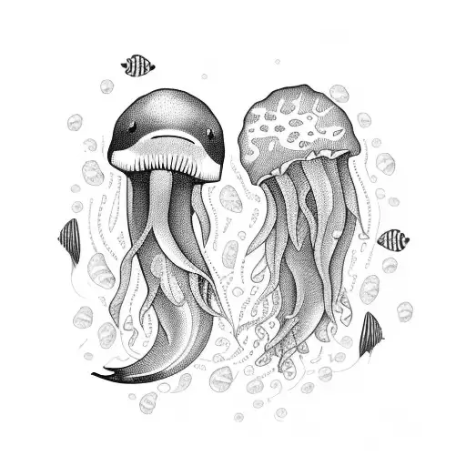Orca and jellyfish swimming together in a trash polka style design tattoo design idea