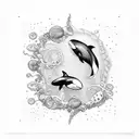 Orca and jellyfish swimming together in a trash polka style design tattoo design idea