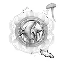 Orca and jellyfish swimming together in a trash polka style design tattoo design idea