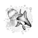 Orca and jellyfish swimming together in a trash polka style design tattoo design idea