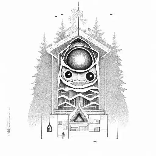 A university building surrounded by towering trees, with an eye-shaped window bleeding and shedding tears tattoo design idea
