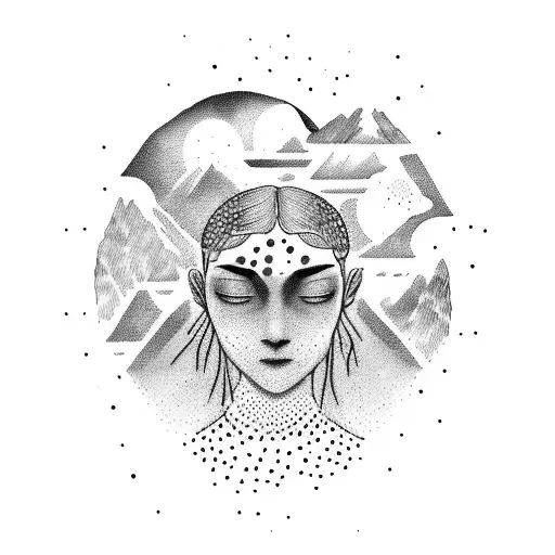 A dotwork tattoo featuring a person sitting under a tree on a mountain, with one eye shedding tears of blood and the other eye reflecting ambition tattoo design idea