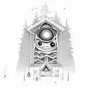A university building surrounded by towering trees, with an eye-shaped window bleeding and shedding tears tattoo design idea