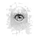 A university building surrounded by towering trees, with an eye-shaped window bleeding and shedding tears tattoo design idea
