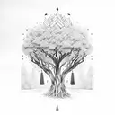 A university building surrounded by towering trees, with an eye-shaped window bleeding and shedding tears tattoo design idea