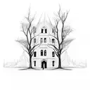 A university building surrounded by towering trees, with an eye-shaped window bleeding and shedding tears tattoo design idea
