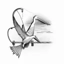 simple doc with a fishing pole resting on the guard rail with a pelican flying away and a pelican sitting on the doc tattoo design idea