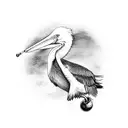 simple doc with a fishing pole resting on the guard rail with a pelican flying away and a pelican sitting on the doc tattoo design idea