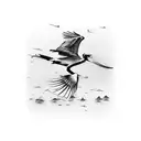 simple doc with a fishing pole resting on the guard rail with a pelican flying away and a pelican sitting on the doc tattoo design idea