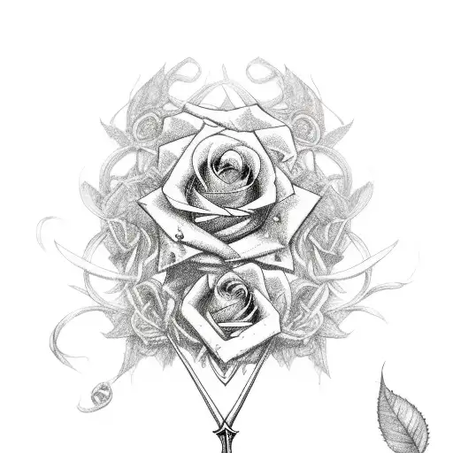 a sword tangled with roses with a quote somewhere saying memento vivere tattoo design idea