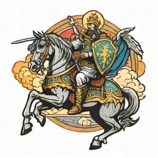 Orthodox Christian warrior saint Michael riding a horse into battle with a cross shield and a colorful sky background tattoo design idea