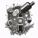 red wine, cold  steak, moon surrounded by stars tattoo design idea