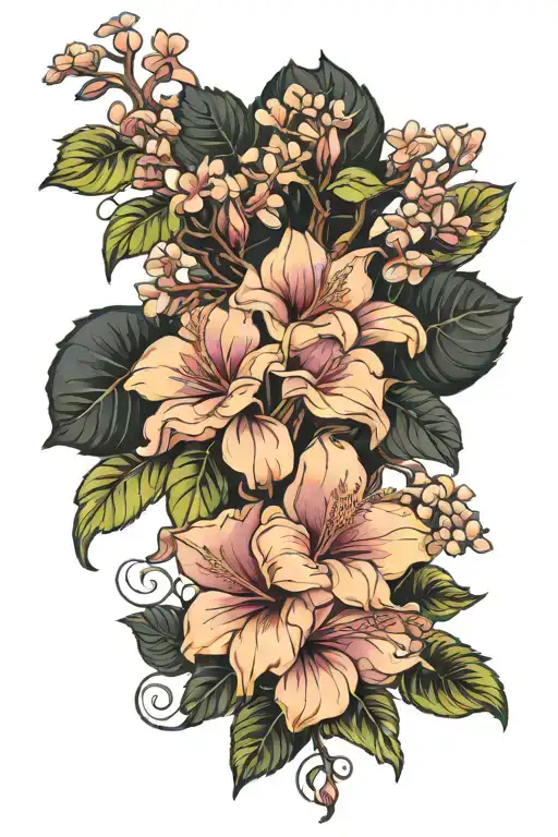 wisteria, roses, hibiscus, hydrangea, tattoo male calf tattoo design idea