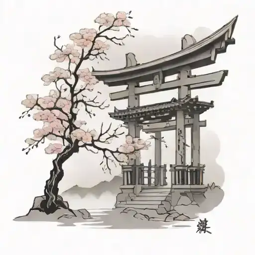 Torii gate in the background, Yatagarasu in the foreground, mist and cherry blossoms around tattoo design idea