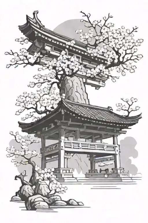 A torii gate in the background, a Yatagarasu in the foreground, and mist and scattered cherry blossoms all around. tattoo design idea