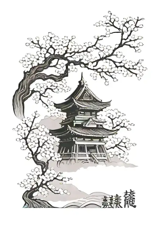 Samurai, Torii, Cherry Blossoms and Fog tattoo design idea