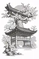 A torii gate in the background, a Yatagarasu in the foreground, and mist and scattered cherry blossoms all around. tattoo design idea