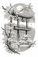 A torii gate in the background, a Yatagarasu in the foreground, and mist and scattered cherry blossoms all around. tattoo design idea