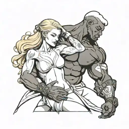 a muscular black male protect a white slim naled blonde woman tattoo design idea
