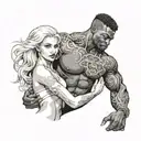 a muscular black male protect a white slim naled blonde woman tattoo design idea