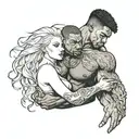 a muscular black male protect a white slim naled blonde woman tattoo design idea