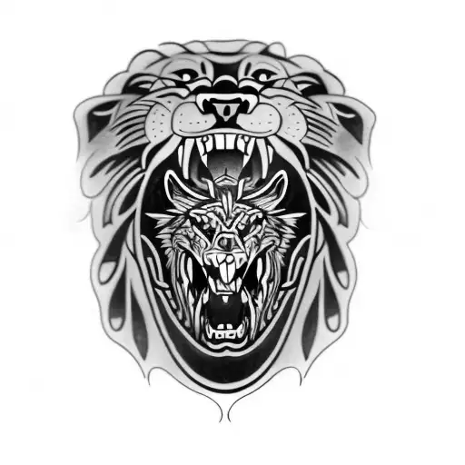 a wolf head with a panther head inside his mouth tattoo design idea
