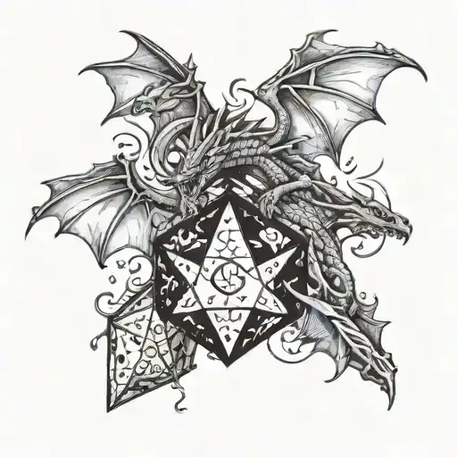 three dragons flying around a d20 dice surrounded tattoo design idea