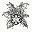 three dragons flying around a d20 dice surrounded tattoo design idea