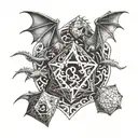 three dragons flying around a d20 dice surrounded tattoo design idea