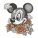 Mickey Mouse black face red roses and clouds from heaven tattoo design idea
