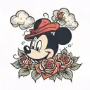 Mickey Mouse black face red roses and clouds from heaven tattoo design idea