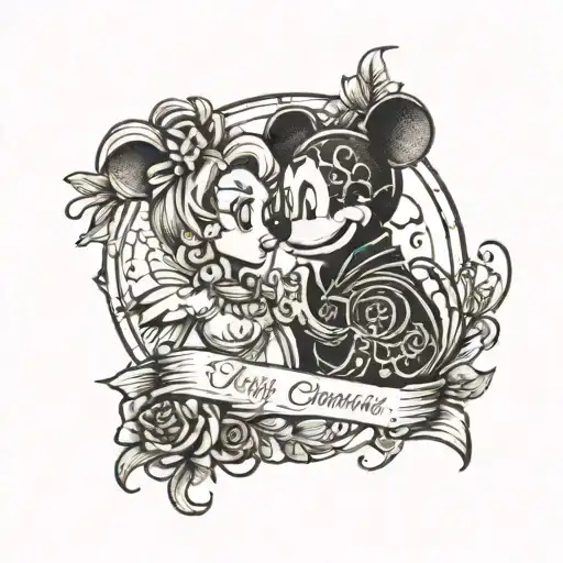 A LGBT Disney-inspired tattoo featuring your favorite character intertwined with Roman numerals of your wedding date tattoo design idea