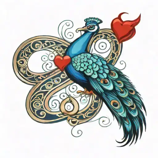 s letter, peacock's feather, red heart, infinity symbol tattoo design idea