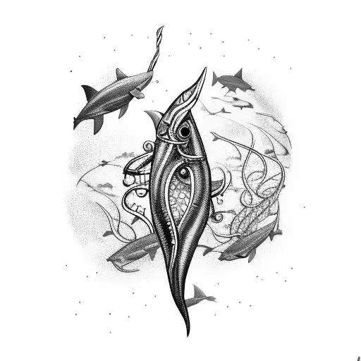 An intricate blackwork tattoo of a fishing hook entangled with seaweed and surrounded by sharks tattoo design idea
